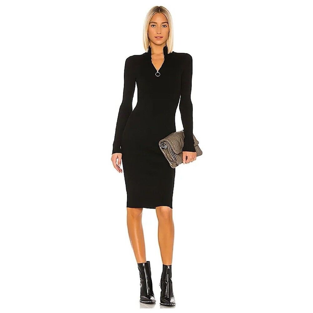 All Saints Stretch Ribbed Knit 1/4 Zip Midi Dress Womens Sz XS Black Long Sleeve